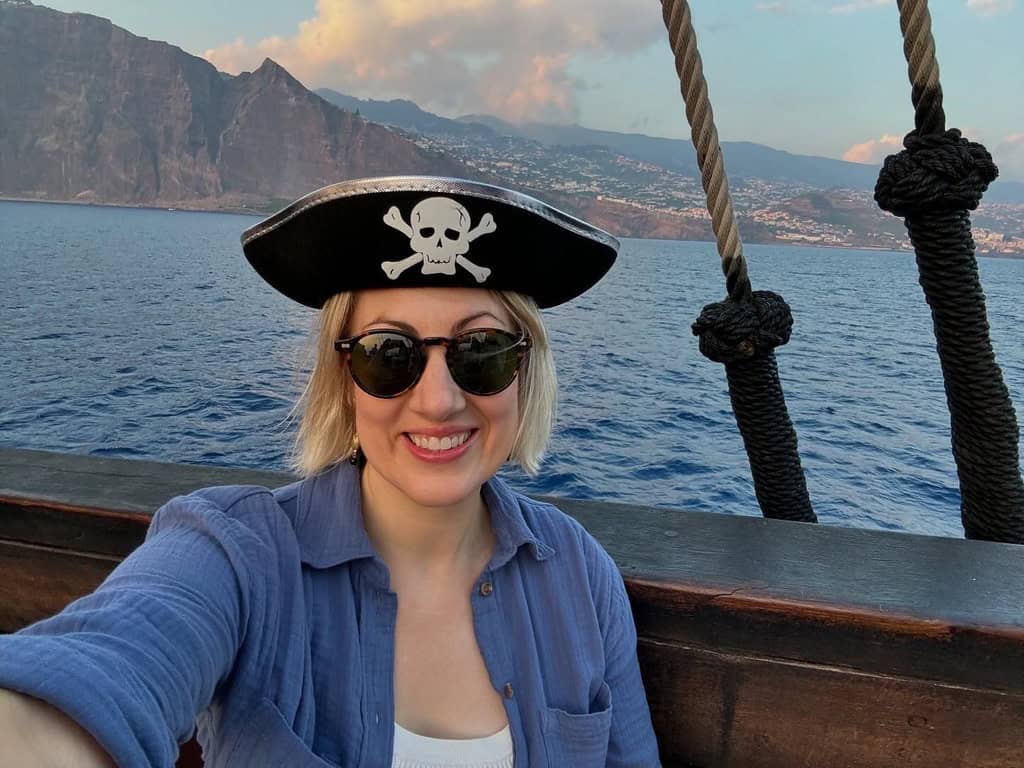 Samantha on a sunset pirate boat party off the coast of Madeira